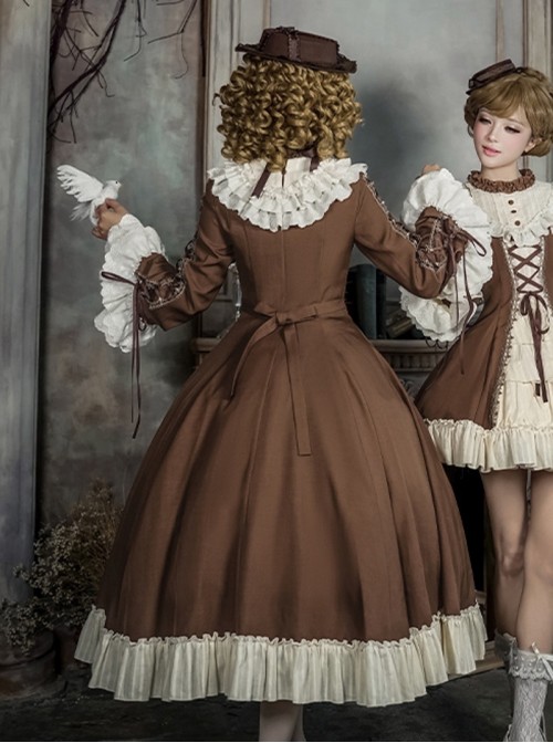 Walnut Box Series Retro Elegant Brown Apricot Lace Stand Collar Lace Trumpet Sleeves Binding Band Ruffle Hem Classic Lolita Long Sleeve Long Dress