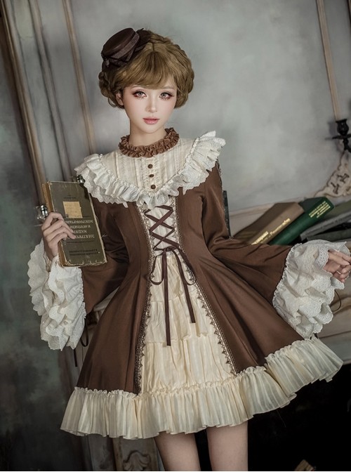 Walnut Box Series Brown Retro Elegant Apricot Lace Stand Collar Lace  Binding Band Ruffle Hem Classic Lolita Trumpet Long Sleeves Short Dress
