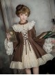 Walnut Box Series Brown Retro Elegant Apricot Lace Stand Collar Lace  Binding Band Ruffle Hem Classic Lolita Trumpet Long Sleeves Short Dress