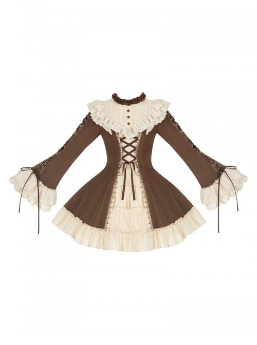 Walnut Box Series Brown Retro Elegant Apricot Lace Stand Collar Lace  Binding Band Ruffle Hem Classic Lolita Trumpet Long Sleeves Short Dress