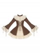 Walnut Box Series Brown Retro Elegant Apricot Lace Stand Collar Lace  Binding Band Ruffle Hem Classic Lolita Trumpet Long Sleeves Short Dress