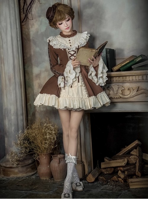 Walnut Box Series Brown Retro Elegant Apricot Lace Stand Collar Lace  Binding Band Ruffle Hem Classic Lolita Trumpet Long Sleeves Short Dress