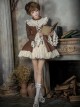 Walnut Box Series Brown Retro Elegant Apricot Lace Stand Collar Lace  Binding Band Ruffle Hem Classic Lolita Trumpet Long Sleeves Short Dress