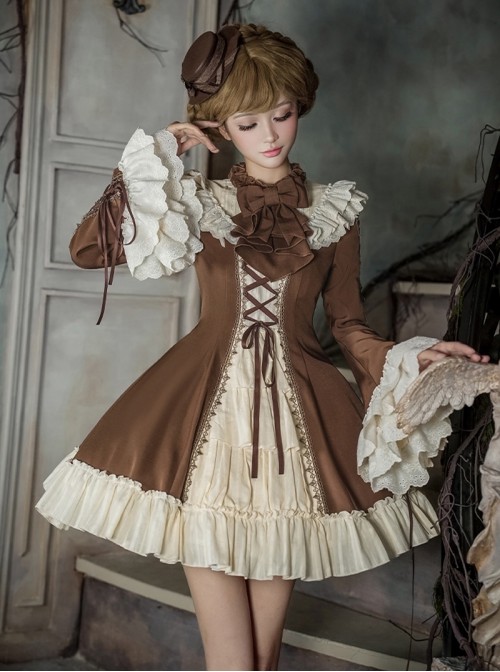 Walnut Box Series Brown Retro Elegant Apricot Lace Stand Collar Lace  Binding Band Ruffle Hem Classic Lolita Trumpet Long Sleeves Short Dress