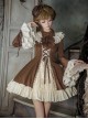 Walnut Box Series Brown Retro Elegant Apricot Lace Stand Collar Lace  Binding Band Ruffle Hem Classic Lolita Trumpet Long Sleeves Short Dress