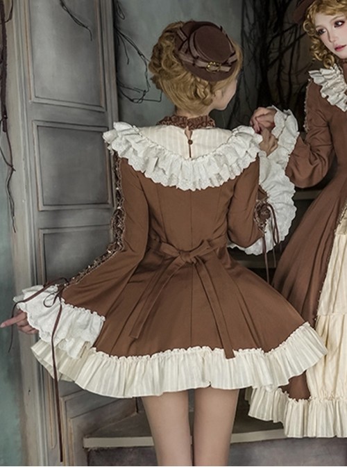 Walnut Box Series Brown Retro Elegant Apricot Lace Stand Collar Lace  Binding Band Ruffle Hem Classic Lolita Trumpet Long Sleeves Short Dress