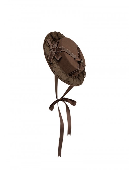 Walnut Box Series Brown Exquisite Retro Lace Beaded Bowknot Decoration Long Ribbon Classic Lolita Round Hat