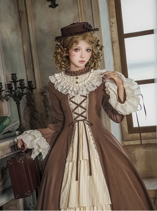 Walnut Box Series Brown Exquisite Retro Lace Beaded Bowknot Decoration Long Ribbon Classic Lolita Round Hat