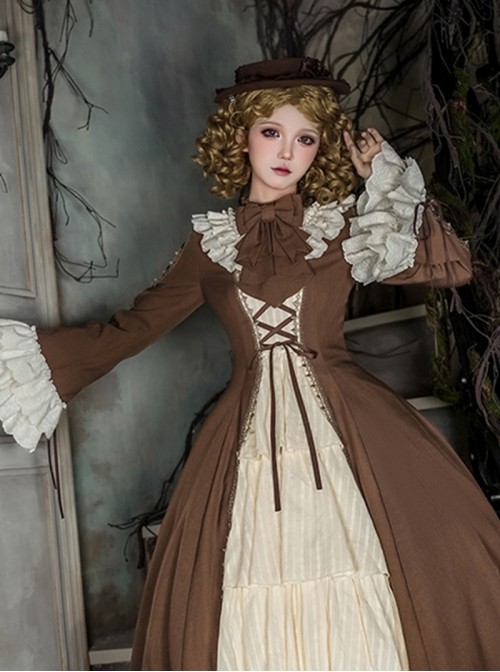 Walnut Box Series Brown Exquisite Retro Lace Beaded Bowknot Decoration Long Ribbon Classic Lolita Round Hat