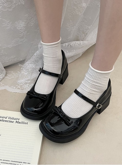 French Style Retro Bowknot Square Toe Design Elegant British Style Sweet Lolita High Heel Mary Jane Shoes