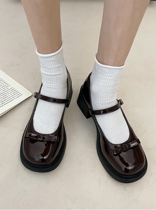 French Style Retro Bowknot Square Toe Design Elegant British Style Sweet Lolita High Heel Mary Jane Shoes