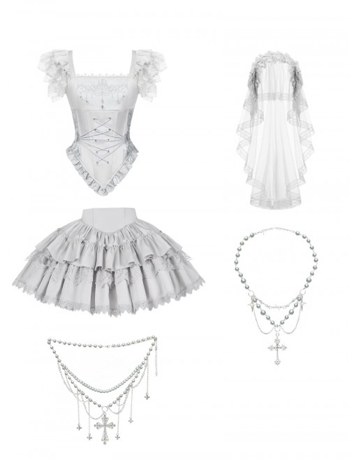 Bionic Figure Series Silver Elegant Swan Candlestick Binding Band Design Cross Lace Gothic Lolita Top Skirt Hairband Waist Chain Necklace Set
