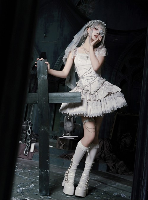 Bionic Figure Series Silver Elegant Swan Candlestick Binding Band Design Cross Lace Gothic Lolita Top Skirt Hairband Waist Chain Necklace Set