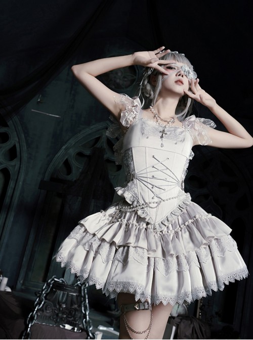 Bionic Figure Series Silver Elegant Swan Candlestick Binding Band Design Cross Lace Gothic Lolita Top Skirt Hairband Waist Chain Necklace Set