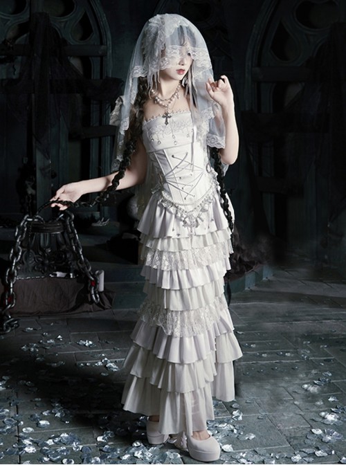 Bionic Figure Series Silver Swan Candlestick Embroidery Elegant Ruffle Hem Gothic Lolita Top Fishtail Skirt Headband Waist Chain Necklace Set