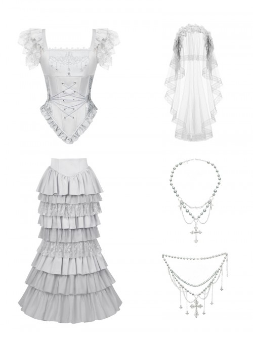 Bionic Figure Series Silver Swan Candlestick Embroidery Elegant Ruffle Hem Gothic Lolita Top Fishtail Skirt Headband Waist Chain Necklace Set