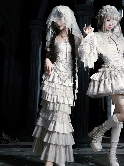Bionic Figure Series Silver Swan Candlestick Embroidery Elegant Ruffle Hem Gothic Lolita Top Fishtail Skirt Headband Waist Chain Necklace Set