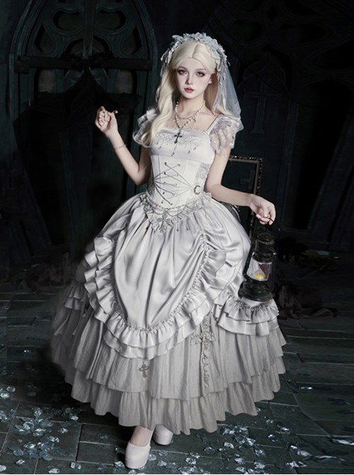 Bionic Figure Series Elegant Gorgeous Silver Swan Candlestick Multi-Layered Ruffle Hem Gothic Lolita Top Long Skirt Headband Waist Chain Necklace Set