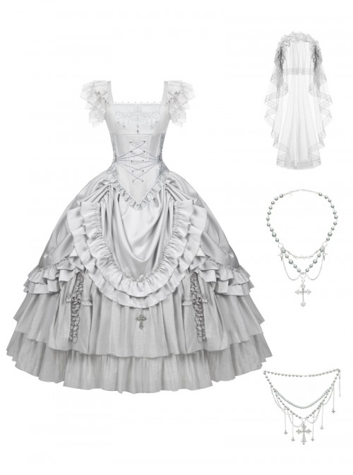 Bionic Figure Series Elegant Gorgeous Silver Swan Candlestick Multi-Layered Ruffle Hem Gothic Lolita Top Long Skirt Headband Waist Chain Necklace Set