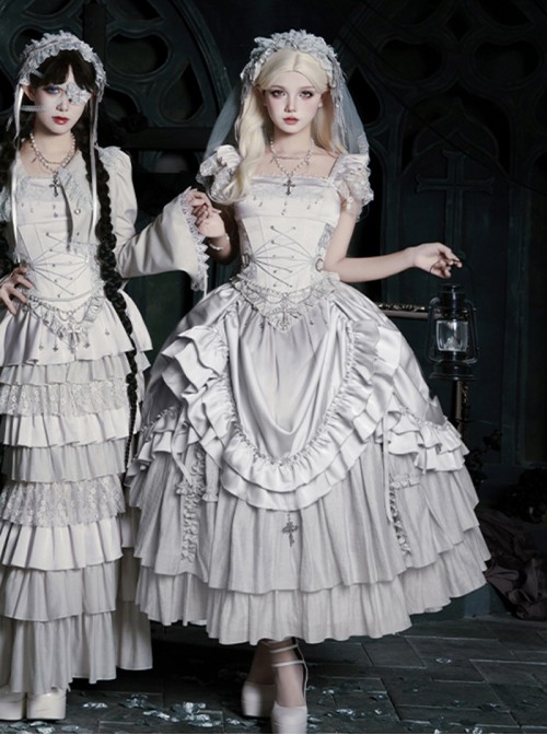 Bionic Figure Series Elegant Gorgeous Silver Swan Candlestick Multi-Layered Ruffle Hem Gothic Lolita Top Long Skirt Headband Waist Chain Necklace Set