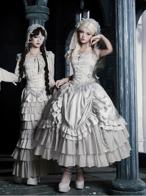 Bionic Figure Series Elegant Gorgeous Silver Swan Candlestick Multi-Layered Ruffle Hem Gothic Lolita Top Long Skirt Headband Waist Chain Necklace Set