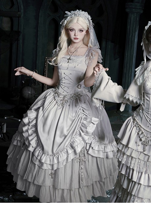 Bionic Figure Series Elegant Gorgeous Silver Swan Candlestick Multi-Layered Ruffle Hem Gothic Lolita Top Long Skirt Headband Waist Chain Necklace Set