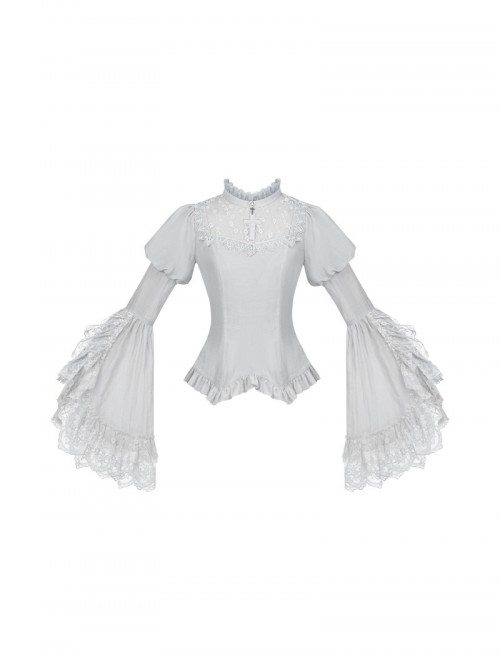 Bionic Figure Series Exquisite Elegant Silver Lace Stand Up Collar Cross Heart Retro Puff Sleeves Binding Band Design Gothic Lolita Long-Sleeved Top