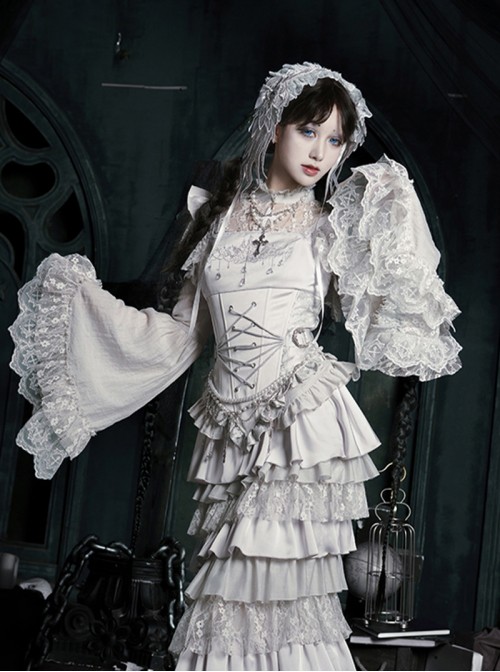 Bionic Figure Series Exquisite Elegant Silver Lace Stand Up Collar Cross Heart Retro Puff Sleeves Binding Band Design Gothic Lolita Long-Sleeved Top