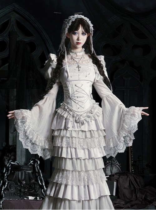 Bionic Figure Series Exquisite Elegant Silver Lace Stand Up Collar Cross Heart Retro Puff Sleeves Binding Band Design Gothic Lolita Long-Sleeved Top
