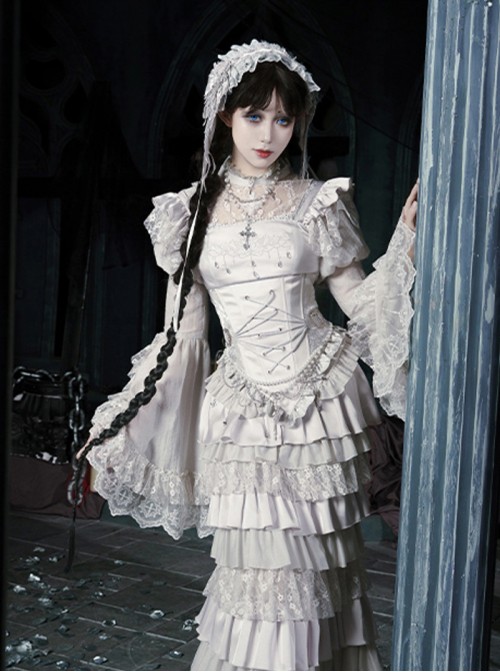Bionic Figure Series Exquisite Elegant Silver Lace Stand Up Collar Cross Heart Retro Puff Sleeves Binding Band Design Gothic Lolita Long-Sleeved Top