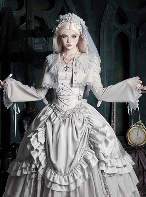 Bionic Figure Series Silver Small Pointed Collar Elegant Flared Sleeves Delicate Lace Heart Button Gothic Lolita Long-Sleeved Short Coat