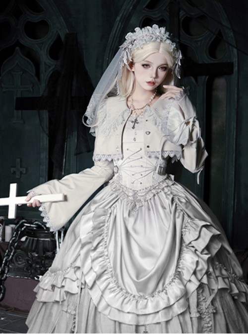 Bionic Figure Series Silver Small Pointed Collar Elegant Flared Sleeves Delicate Lace Heart Button Gothic Lolita Long-Sleeved Short Coat