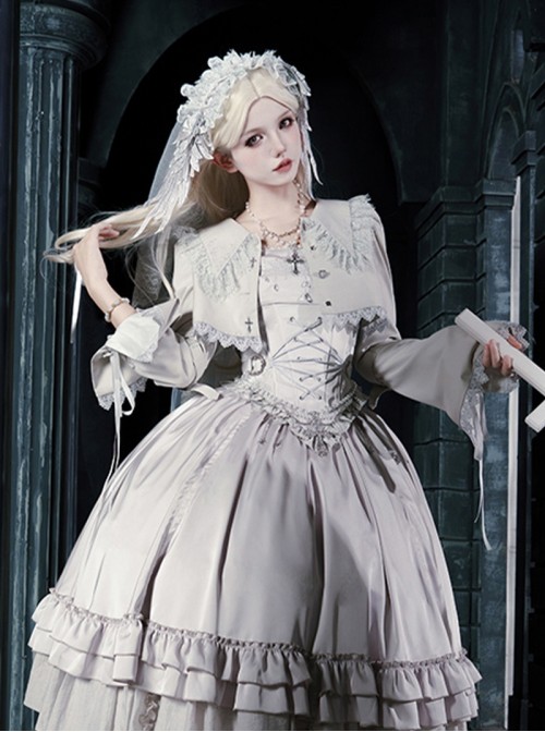 Bionic Figure Series Silver Small Pointed Collar Elegant Flared Sleeves Delicate Lace Heart Button Gothic Lolita Long-Sleeved Short Coat