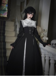 Crow Night Cry Series Dark Retro Cross Castle Print Embroidered Lace Gothic Lolita Long-Sleeved Dress Mock Collar Necklace Black Headband Set