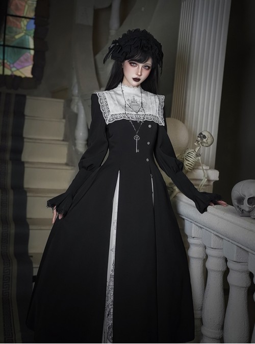 Crow Night Cry Series Dark Retro Cross Castle Print Embroidered Lace Gothic Lolita Long-Sleeved Dress Mock Collar Necklace Black Headband Set