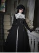 Crow Night Cry Series Dark Retro Cross Castle Print Embroidered Lace Gothic Lolita Long-Sleeved Dress Mock Collar Necklace Black Headband Set