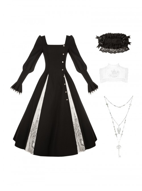 Crow Night Cry Series Dark Retro Cross Castle Print Embroidered Lace Gothic Lolita Long-Sleeved Dress Mock Collar Necklace Black Headband Set