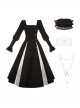 Crow Night Cry Series Dark Retro Cross Castle Print Embroidered Lace Gothic Lolita Long-Sleeved Dress Mock Collar Necklace Black Headband Set