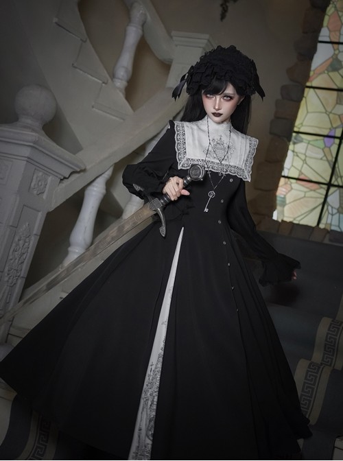 Crow Night Cry Series Dark Retro Cross Castle Print Embroidered Lace Gothic Lolita Long-Sleeved Dress Mock Collar Necklace Black Headband Set