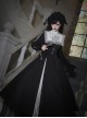 Crow Night Cry Series Dark Retro Cross Castle Print Embroidered Lace Gothic Lolita Long-Sleeved Dress Mock Collar Necklace Black Headband Set
