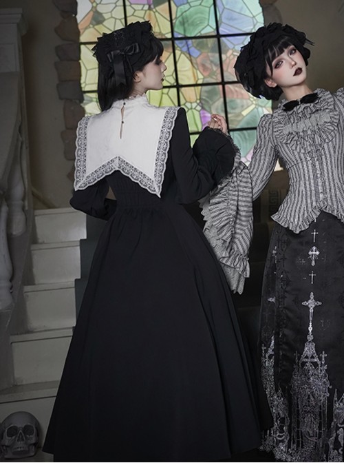 Crow Night Cry Series Dark Retro Cross Castle Print Embroidered Lace Gothic Lolita Long-Sleeved Dress Mock Collar Necklace Black Headband Set