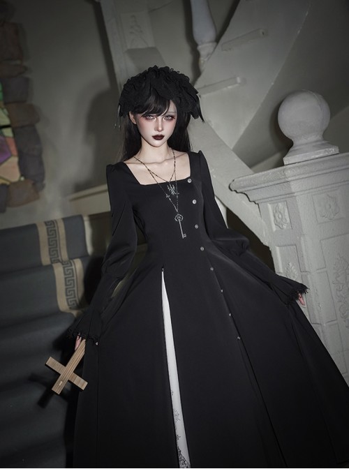 Crow Night Cry Series Dark Retro Cross Castle Print Embroidered Lace Gothic Lolita Long-Sleeved Dress Mock Collar Necklace Black Headband Set