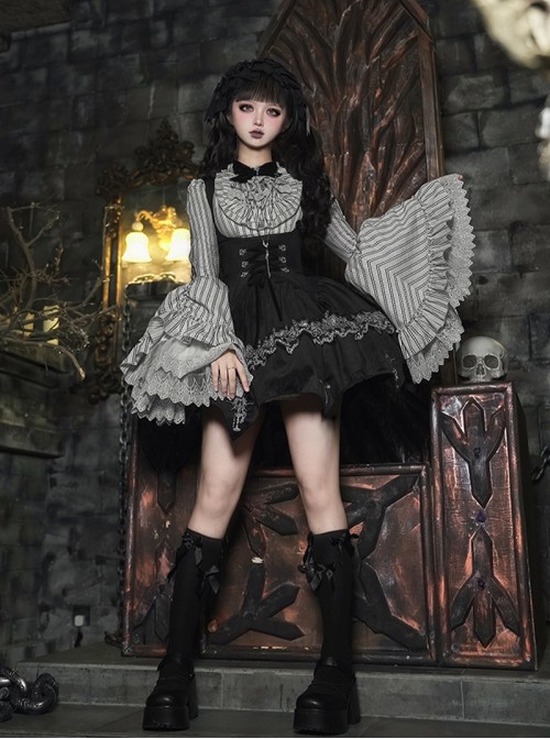 Crow Night Cry Series Cross Candlestick Dark Silver Lace Gothic Lolita Sleeveless Dress Striped Trumpet Sleeve Shirt Bowknot Necklace Hairband Set