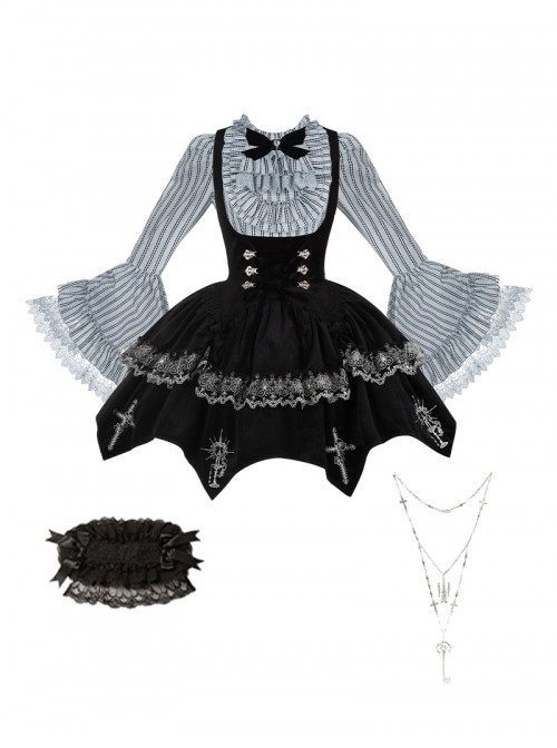 Crow Night Cry Series Cross Candlestick Dark Silver Lace Gothic Lolita Sleeveless Dress Striped Trumpet Sleeve Shirt Bowknot Necklace Hairband Set