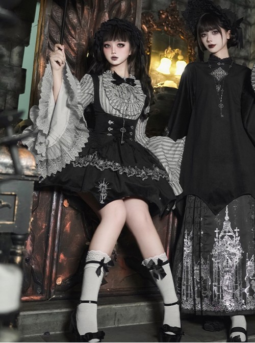 Crow Night Cry Series Cross Candlestick Dark Silver Lace Gothic Lolita Sleeveless Dress Striped Trumpet Sleeve Shirt Bowknot Necklace Hairband Set