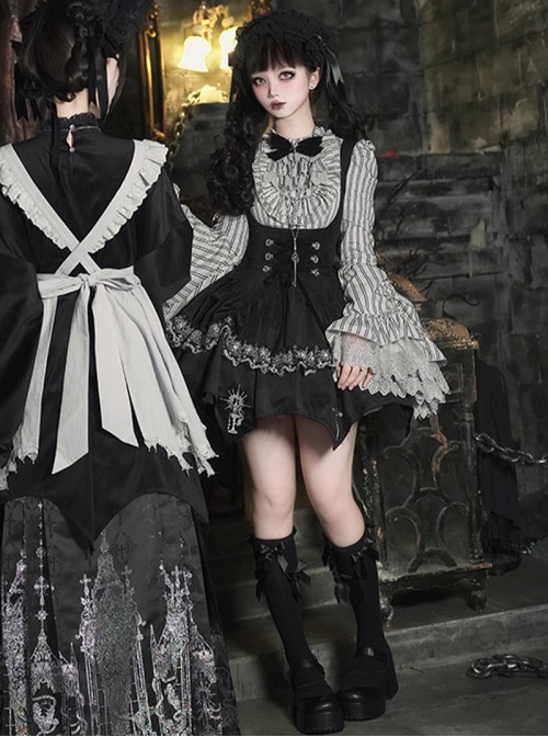 Crow Night Cry Series Cross Candlestick Dark Silver Lace Gothic Lolita Sleeveless Dress Striped Trumpet Sleeve Shirt Bowknot Necklace Hairband Set
