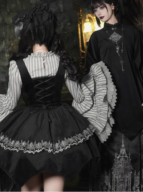 Crow Night Cry Series Cross Candlestick Dark Silver Lace Gothic Lolita Sleeveless Dress Striped Trumpet Sleeve Shirt Bowknot Necklace Hairband Set
