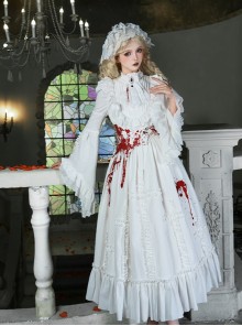 Cross Figure Series White Lace Stand Collar Ruffle Cross Red Imitation Bloodstain Embroidery Gothic Lolita Long Sleeve Dress Waist Seal Bib Set