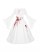 Cross Figure Series White Lace Stand Collar Ruffle Cross Red Imitation Bloodstain Embroidery Gothic Lolita Long Sleeve Dress Waist Seal Bib Set