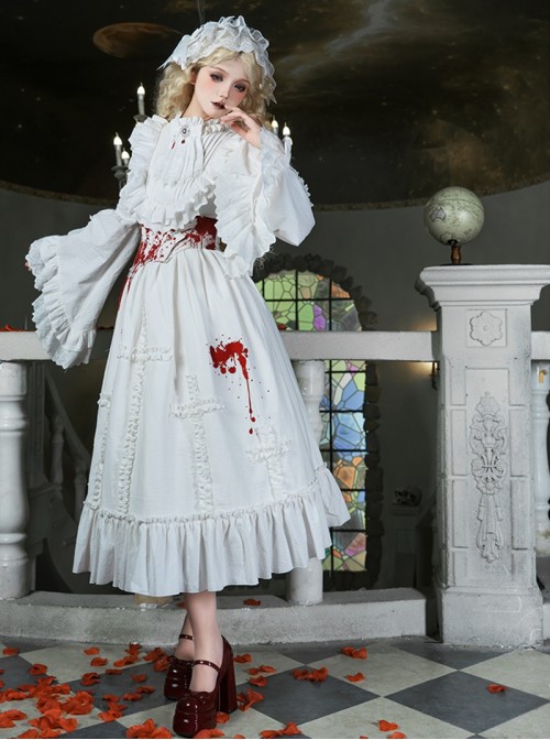 Cross Figure Series White Lace Stand Collar Ruffle Cross Red Imitation Bloodstain Embroidery Gothic Lolita Long Sleeve Dress Waist Seal Bib Set